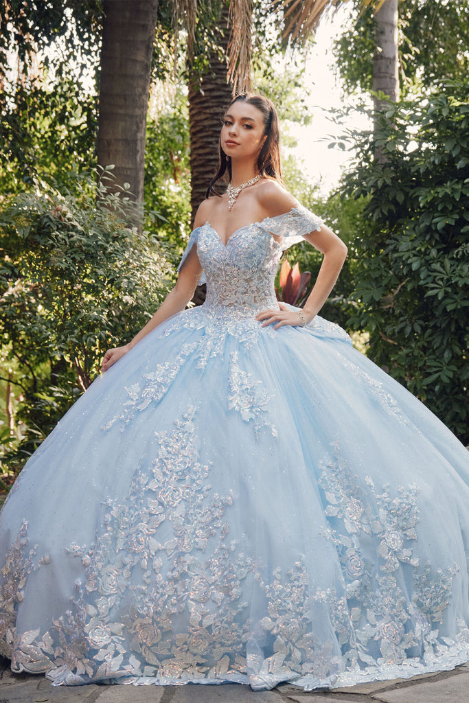 Blue outlet embroidery lace with big sequins strapless ball gown