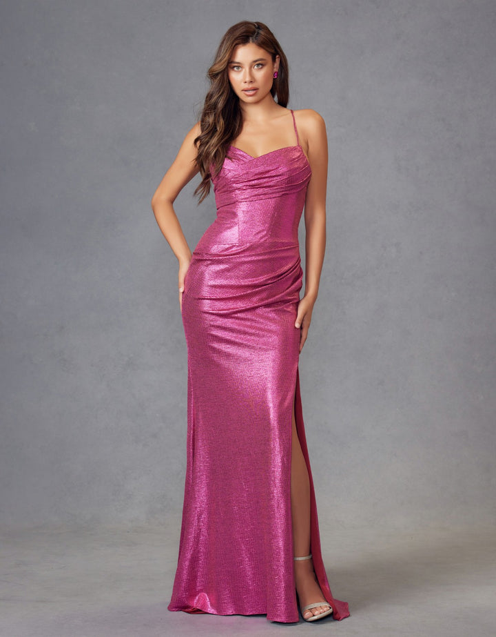 Fitted Metallic Sleeveless Slit Gown by Juliet JT2494S