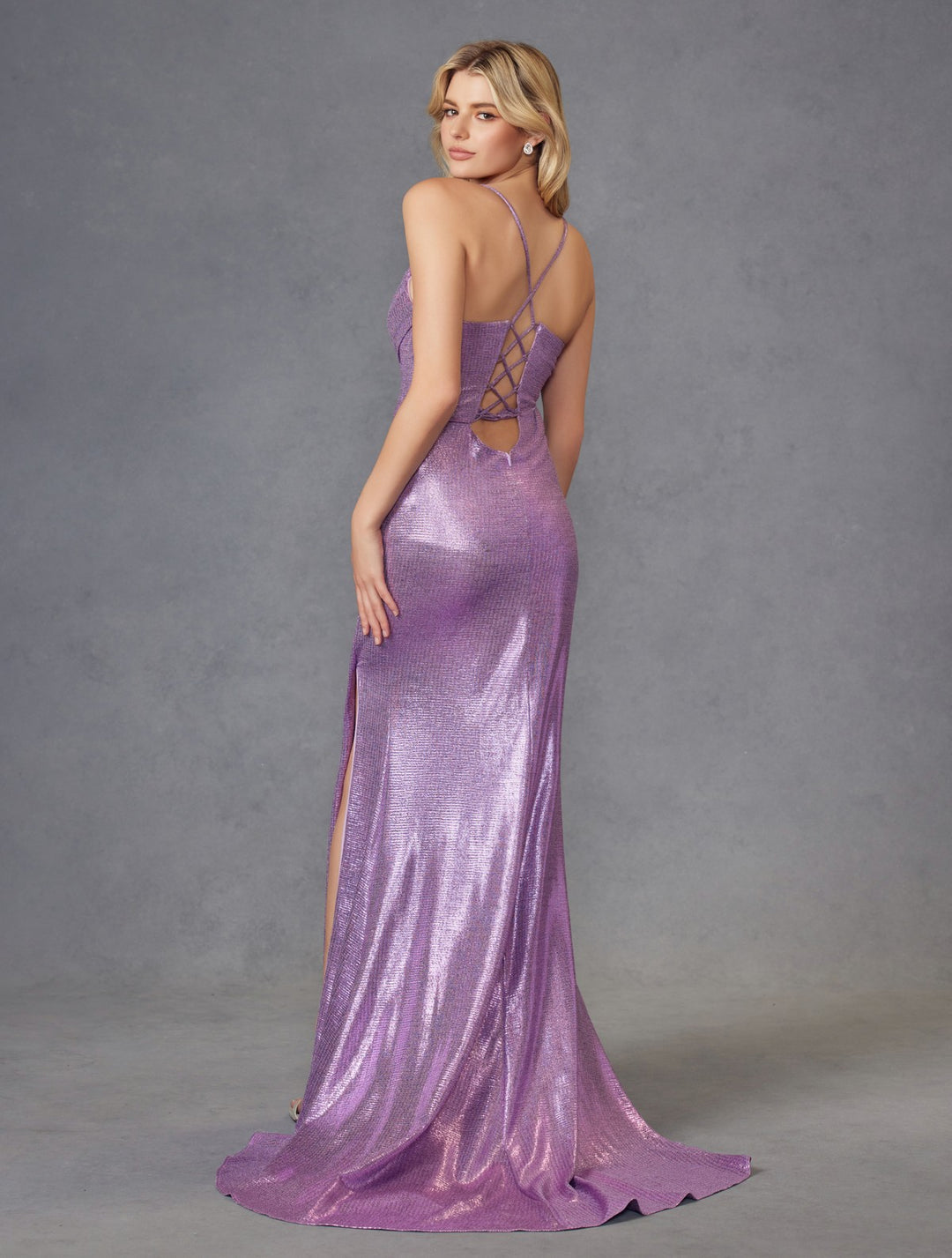 Fitted Metallic Sleeveless Slit Gown by Juliet JT2494S