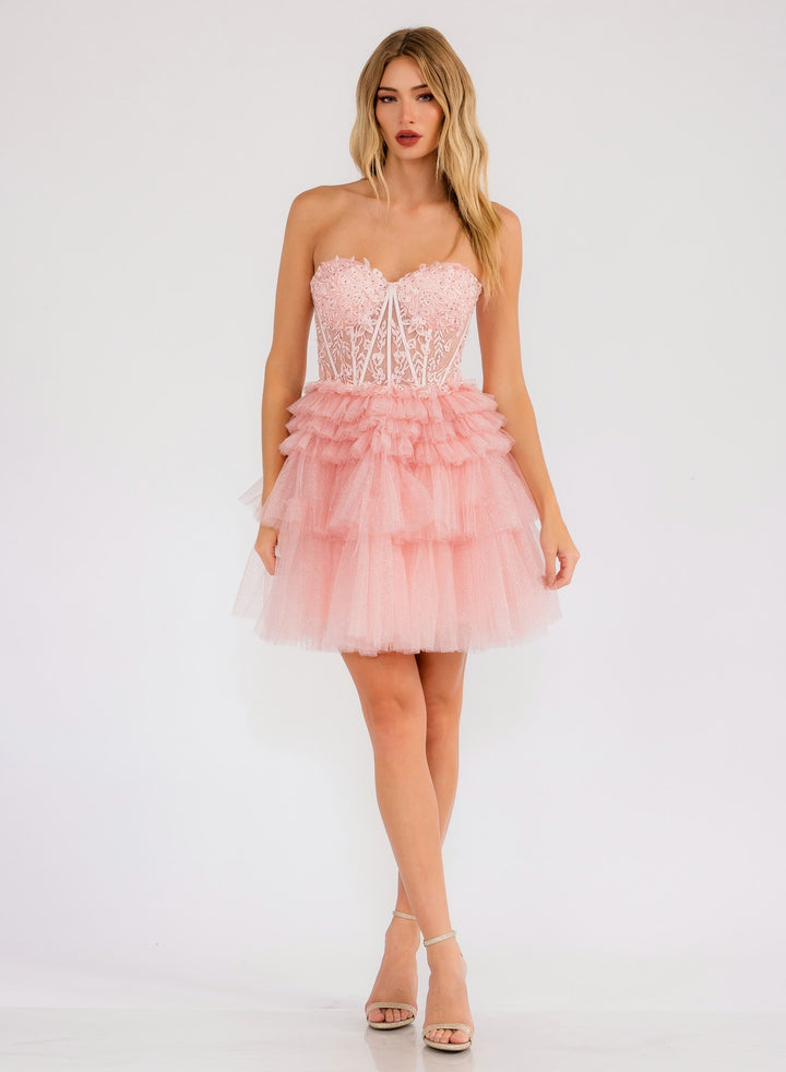 Short Strapless A-line Tiered Dress by Juliet JT918S