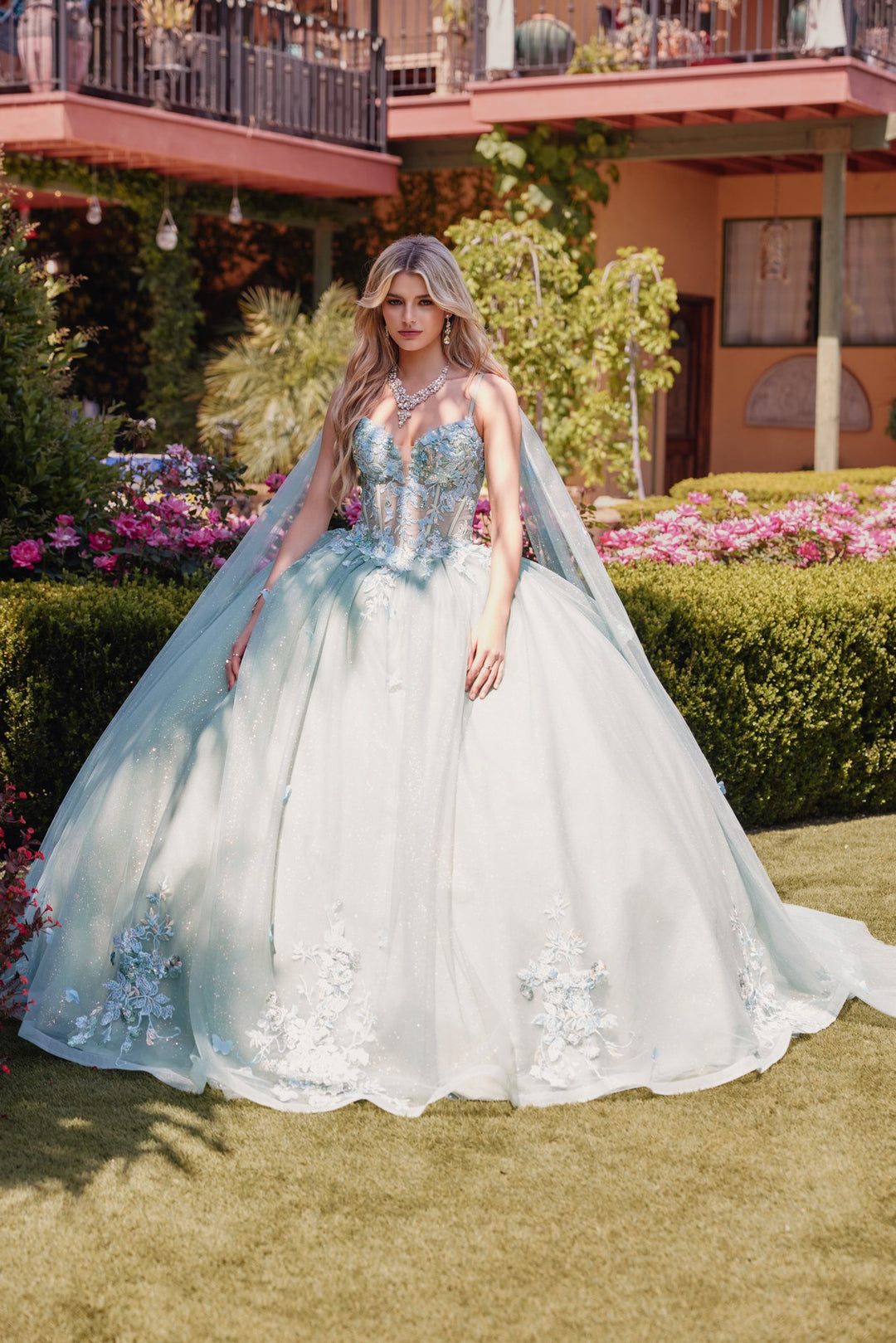 Applique Cape Sleeve Tiered Ball Gown by Juliet JT1466H