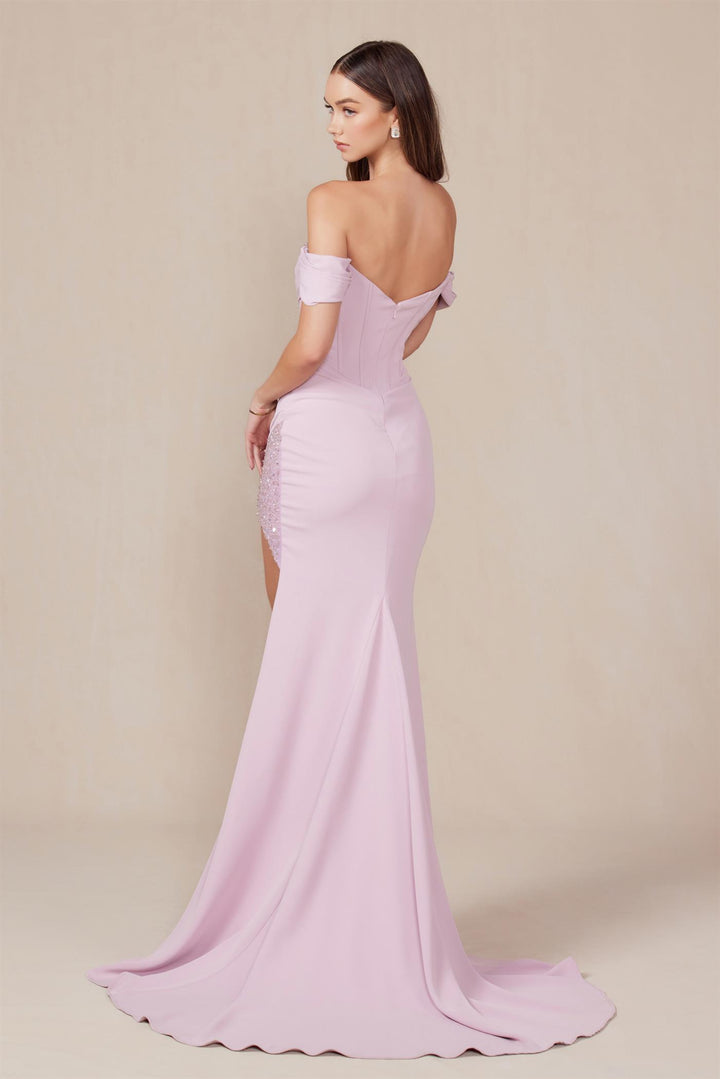 Satin Off Shoulder Slit Gown by Nox Anabel Y1483