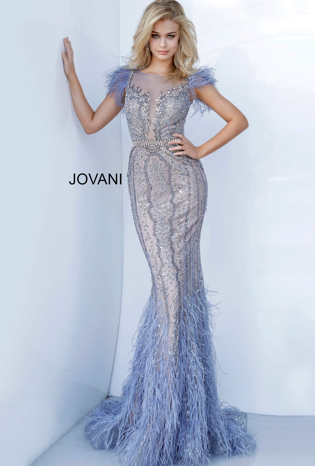 Beaded Feather Fitted Sleeveless Gown by Jovani 02326