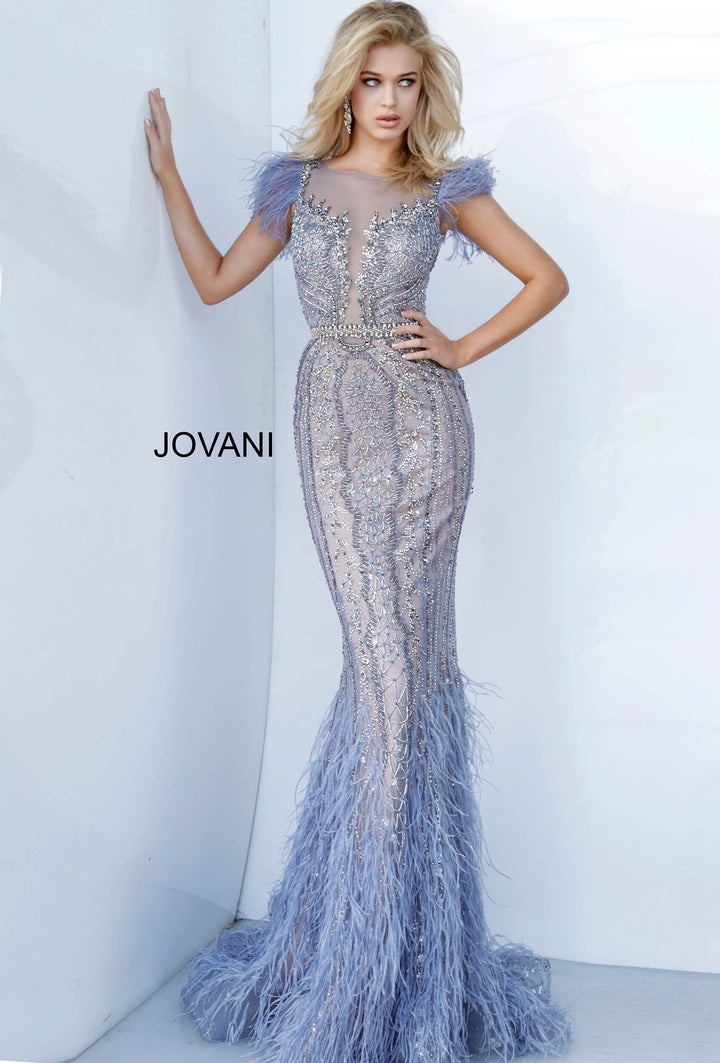 Beaded Feather Fitted Sleeveless Gown by Jovani 02326