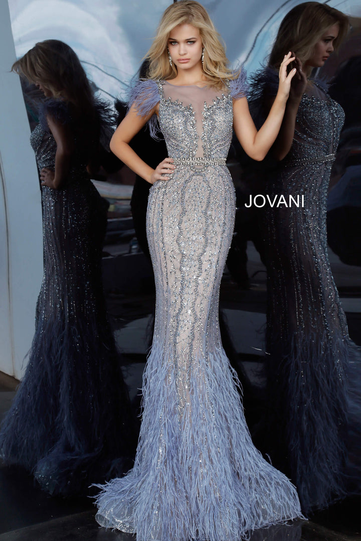 Beaded Feather Fitted Sleeveless Gown by Jovani 02326