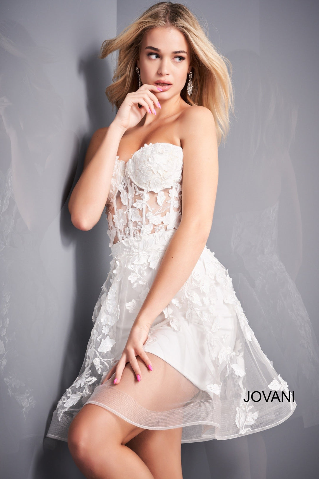 Floral Applique Short Strapless A-line Dress by Jovani 04109