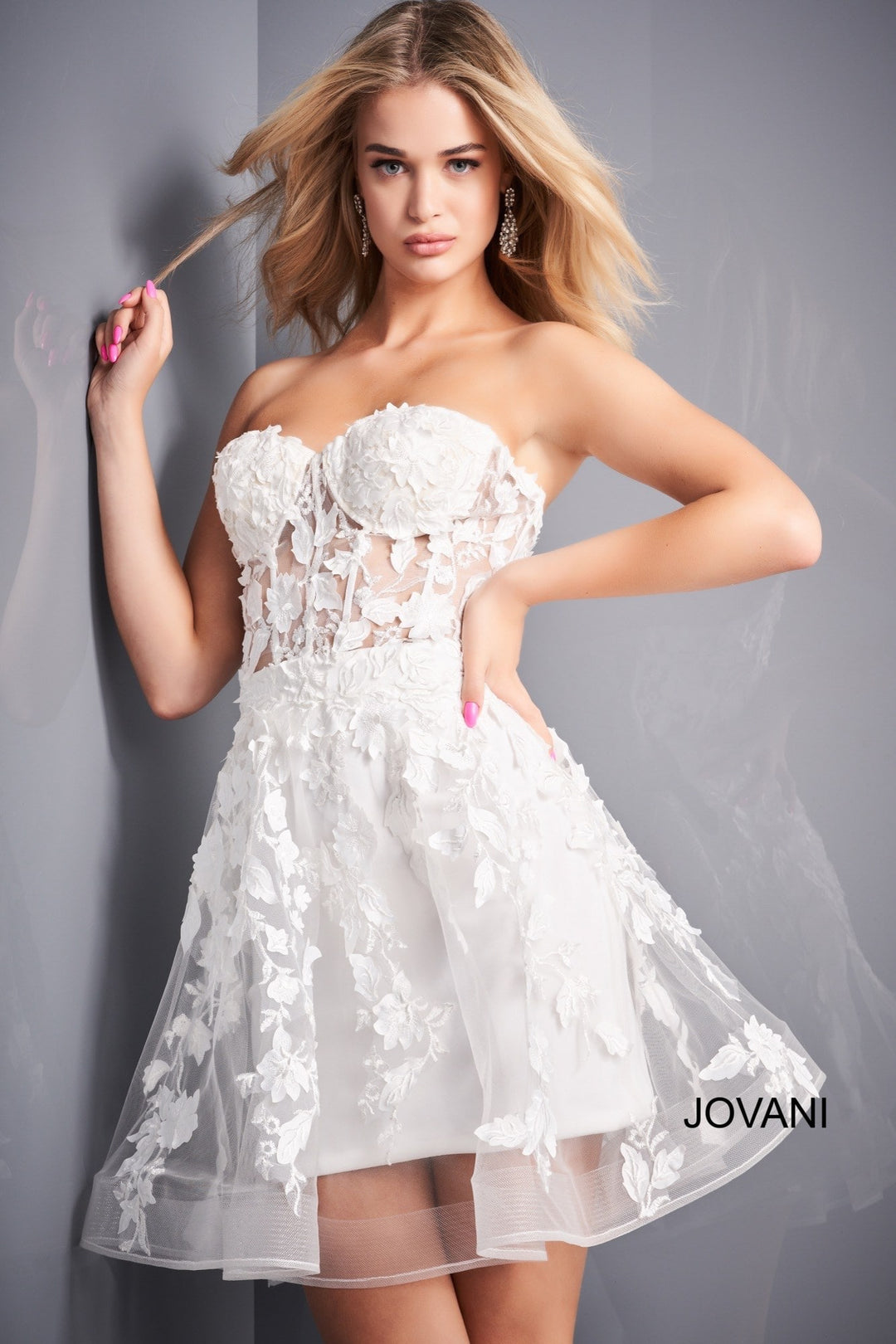 Floral Applique Short Strapless A-line Dress by Jovani 04109