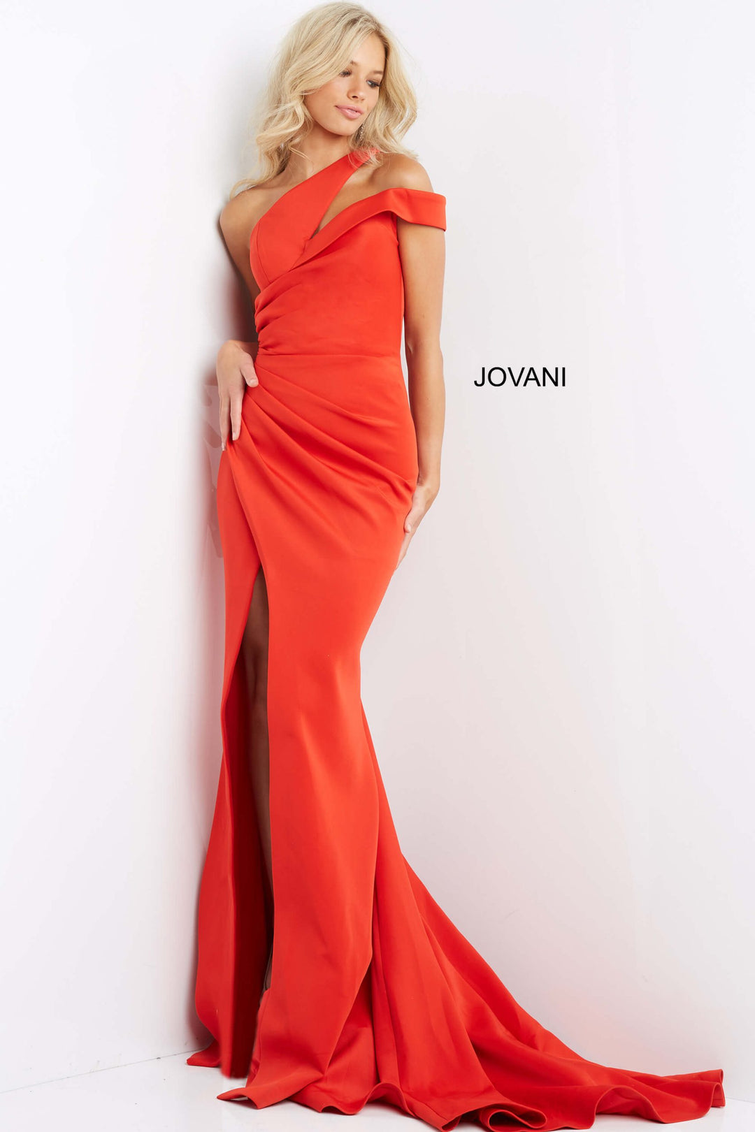 Crepe Fitted One Shoulder Slit Gown by Jovani 04222