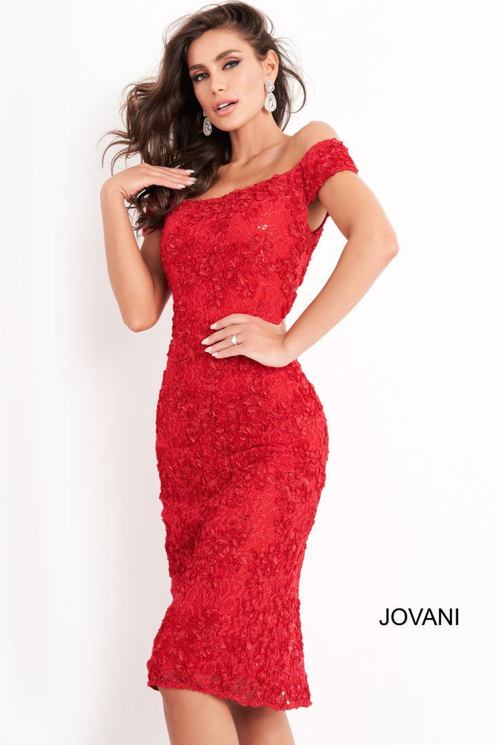 Lace Fitted Short Off Shoulder Dress by Jovani 04763