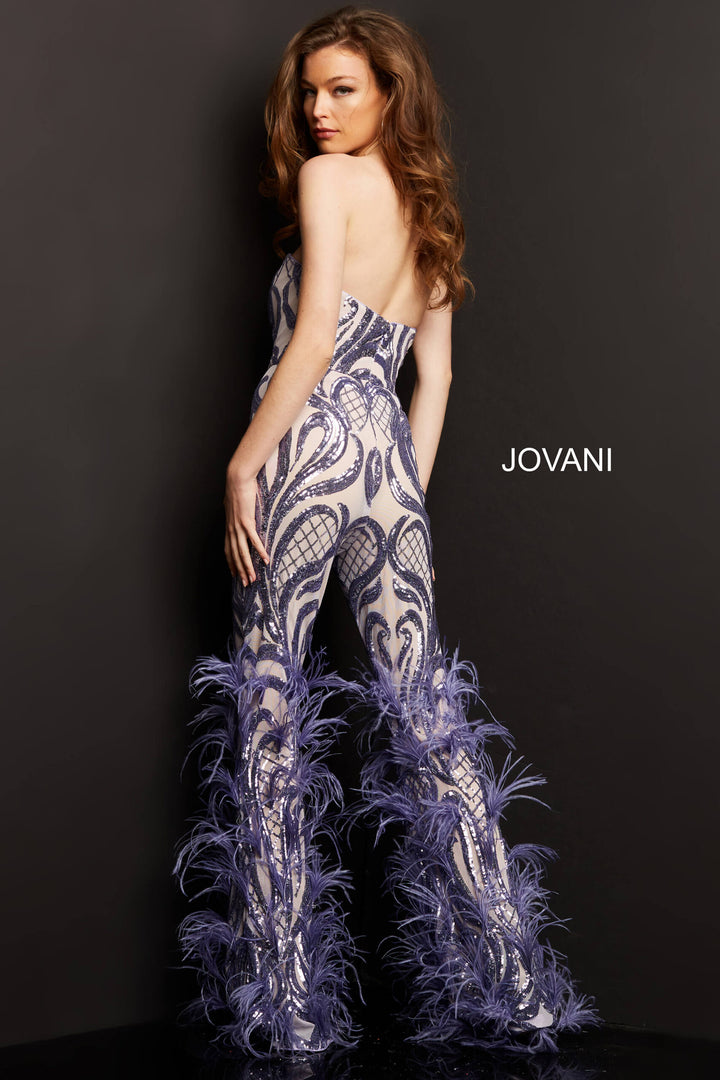 Sequin Feather Strapless Jumpsuit by Jovani 05669