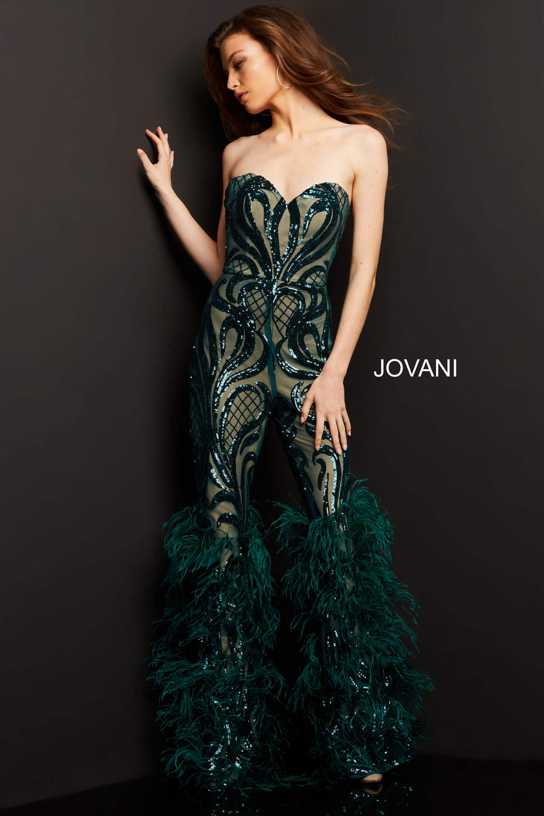 Sequin Feather Strapless Jumpsuit by Jovani 05669