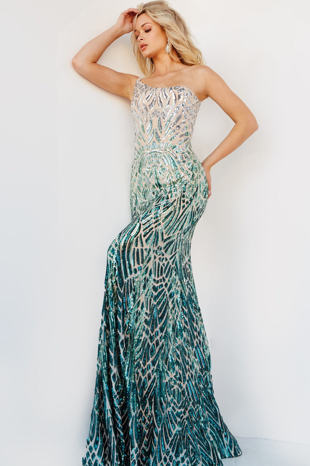 Sequin Fitted One Shoulder Gown by Jovani 06469