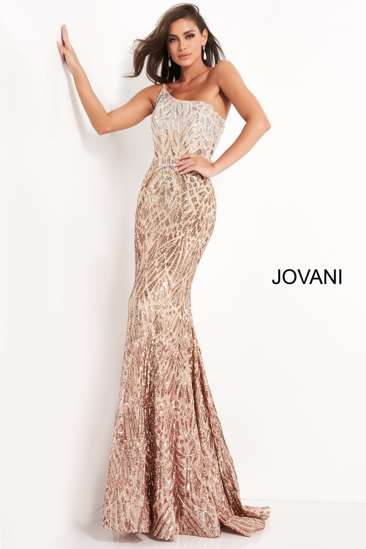 Sequin Fitted One Shoulder Gown by Jovani 06469