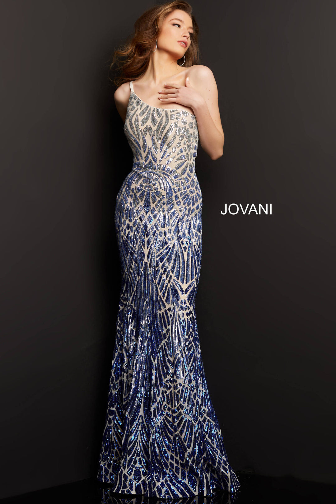 Sequin Fitted One Shoulder Gown by Jovani 06469