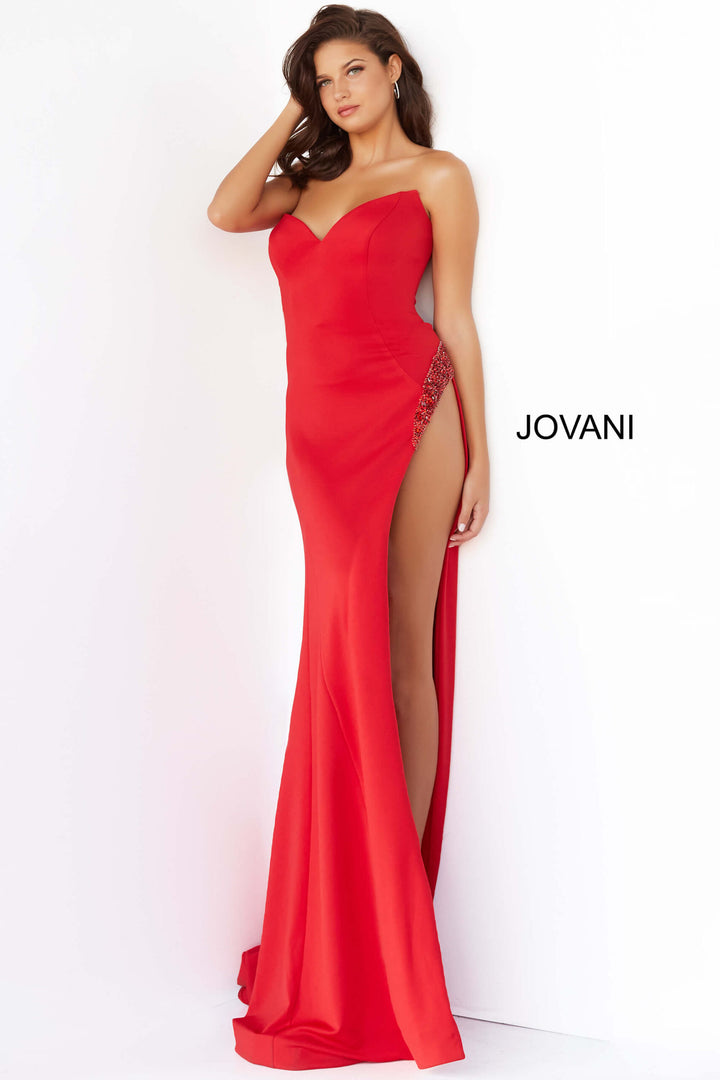 Scuba Fitted Strapless Slit Gown by Jovani 07138