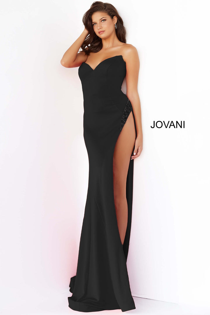 Scuba Fitted Strapless Slit Gown by Jovani 07138