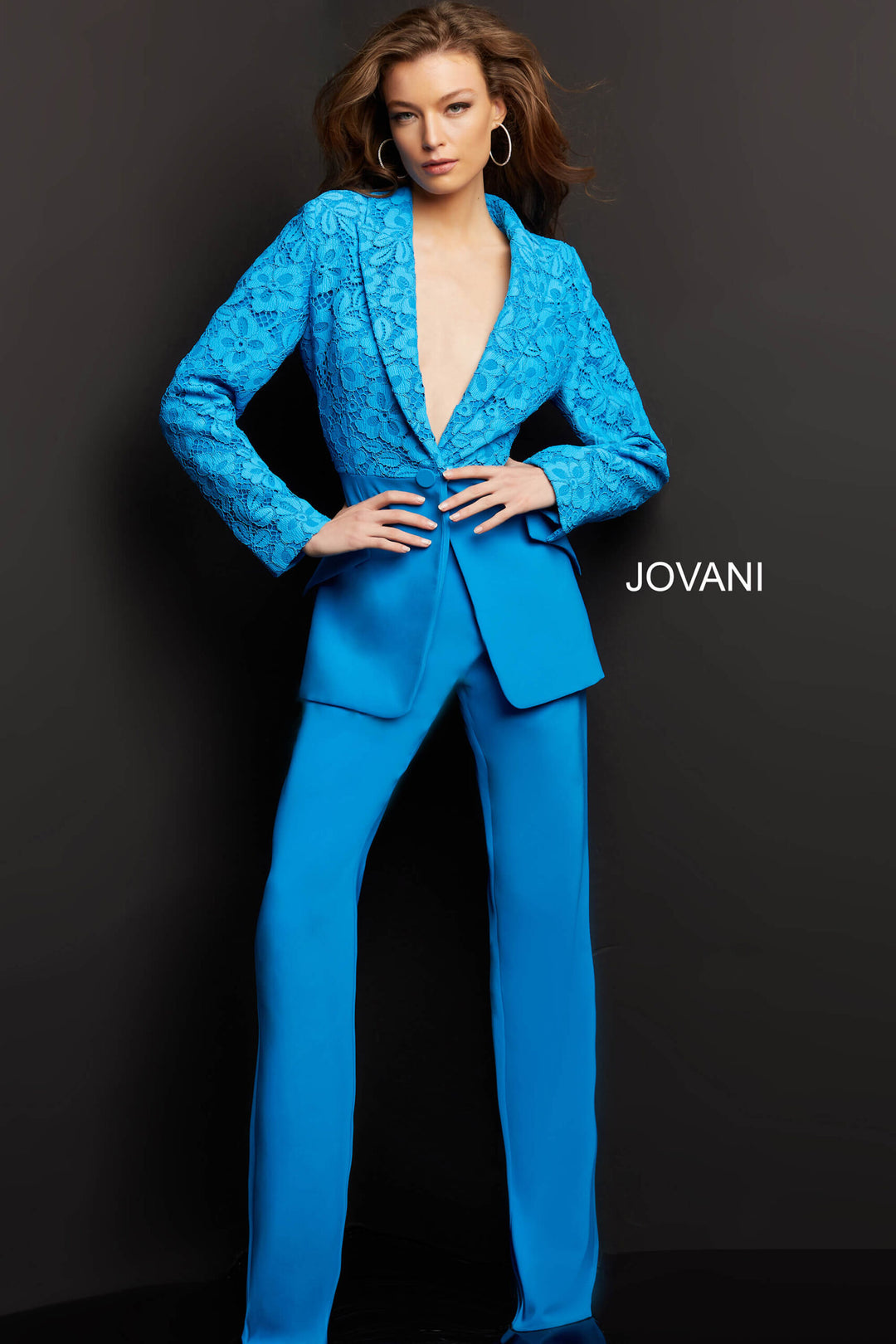 Peacock Lace Crepe Two Piece Suit by Jovani 07551