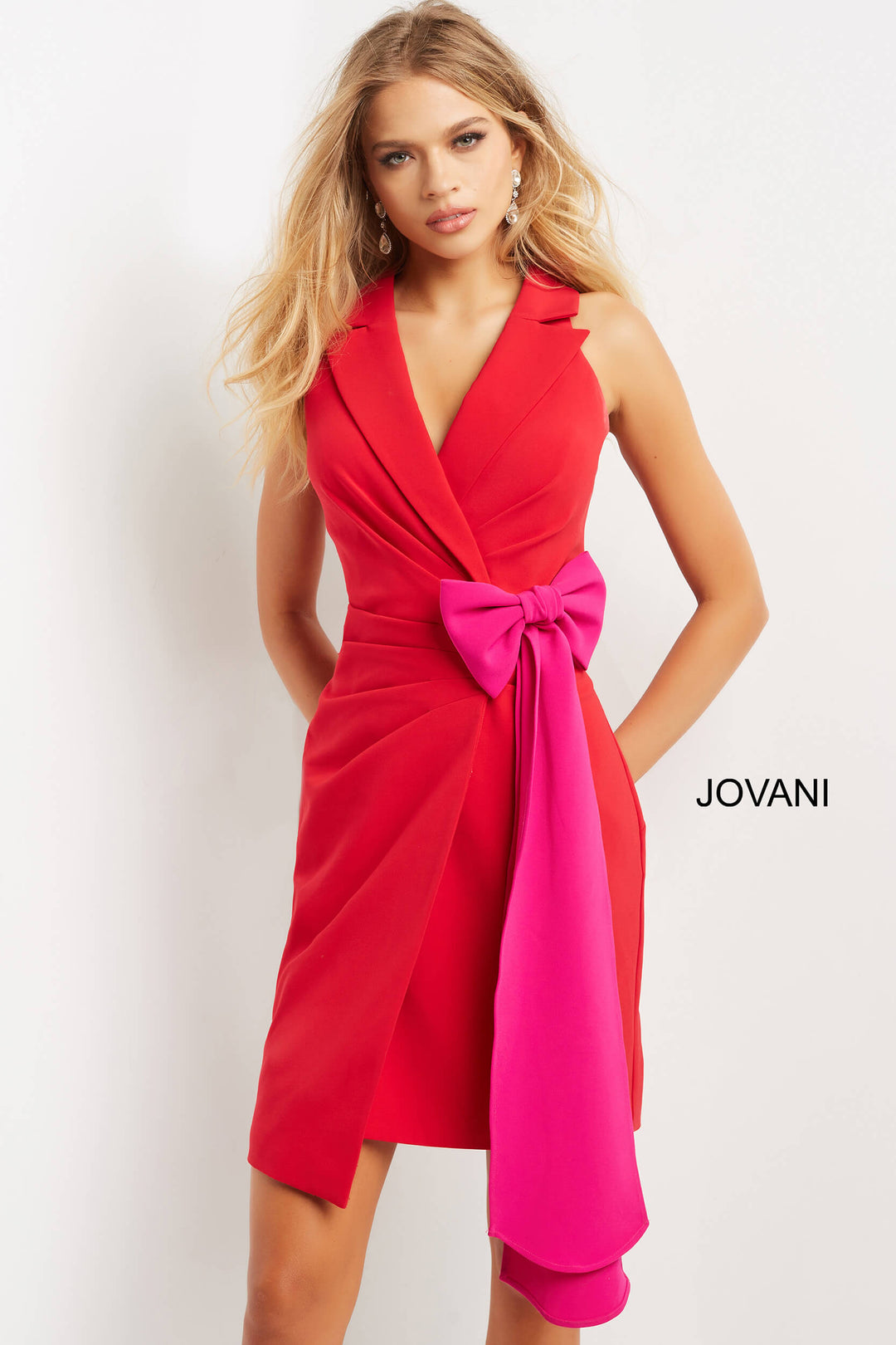 Crepe V-Neck Knee Length Dress by Jovani 07961