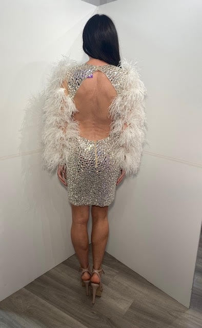 Sequin Short Feather Sleeve Dress by Jovani 08306