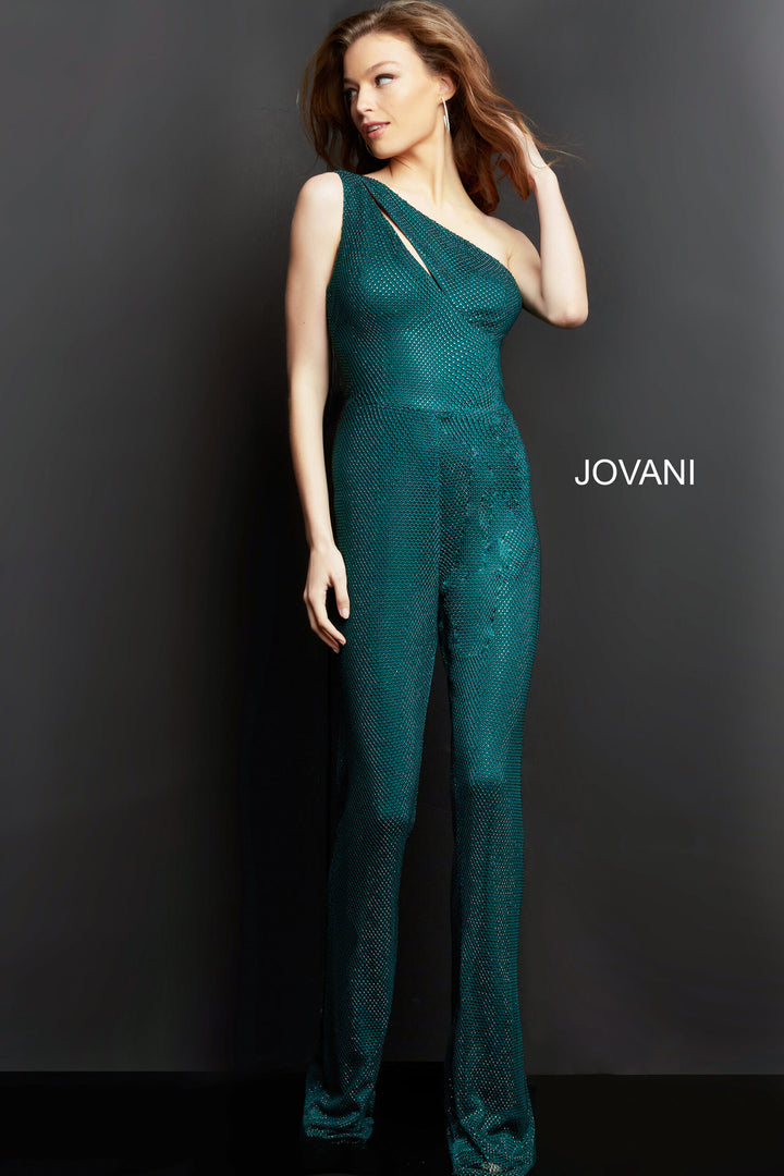 Beaded Jersey One Shoulder Jumpsuit by Jovani 09018