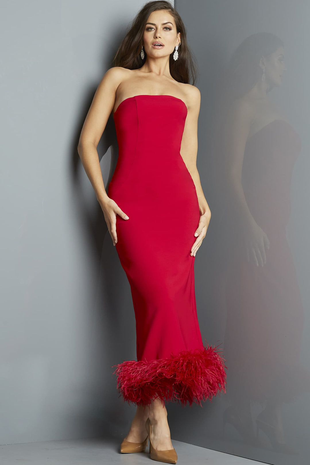 Feather Hem Strapless Tea Length Dress by Jovani 09630