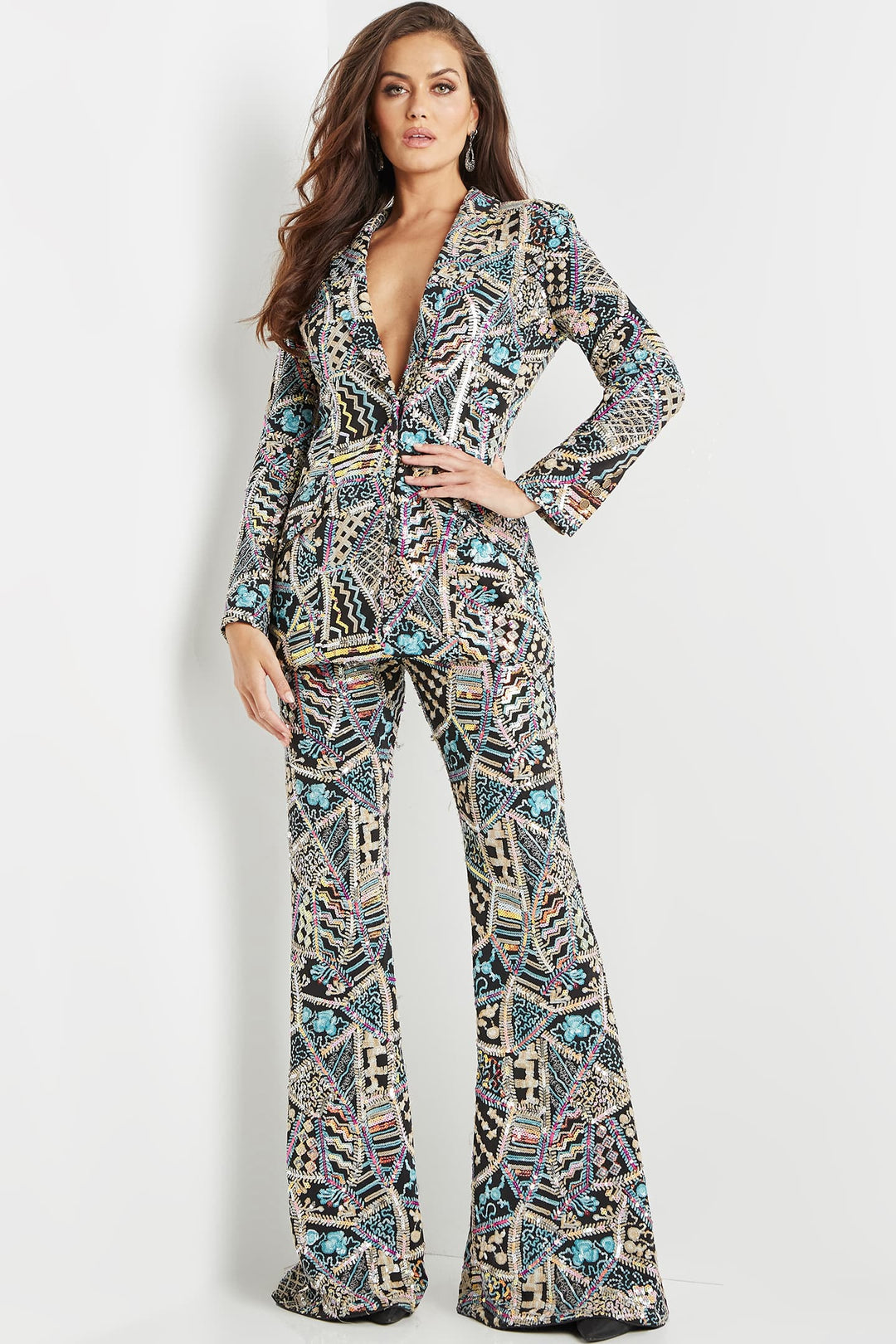 Multi Color Beaded Two Piece Suit by Jovani 09816