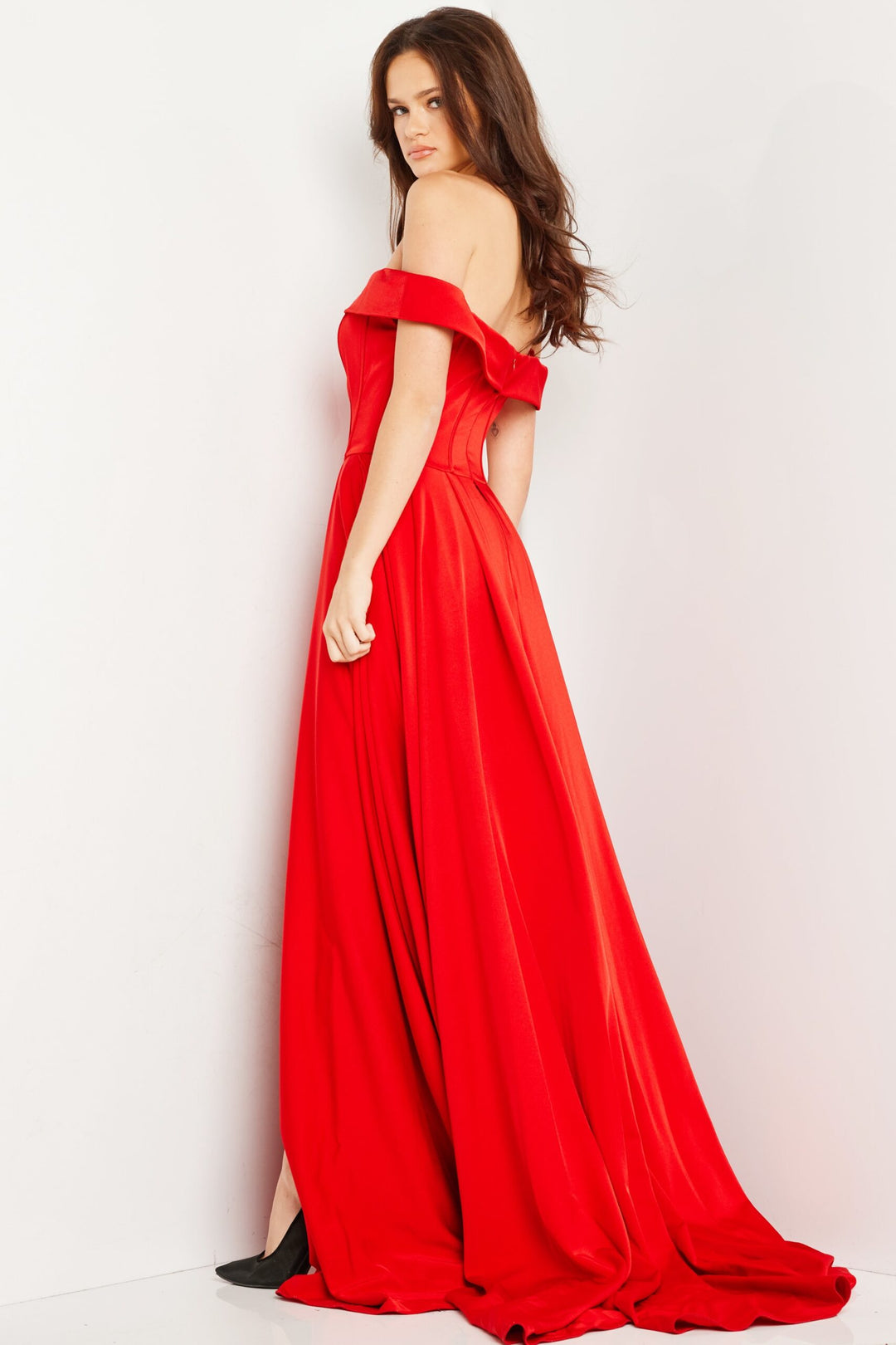 Satin Off Shoulder A-line Slit Gown by Jovani 09874