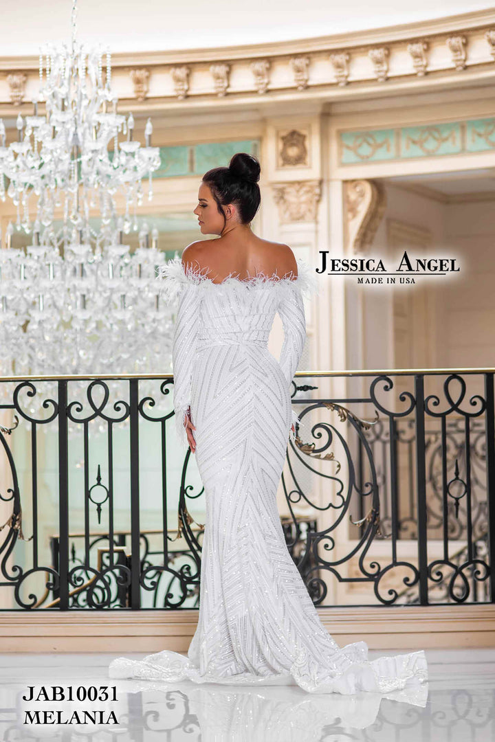 Feather Off Shoulder Bridal Gown by Jessica Angel 10031