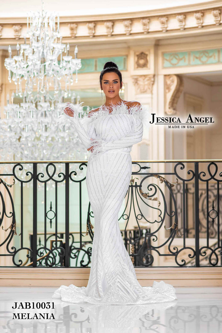 Feather Off Shoulder Bridal Gown by Jessica Angel 10031