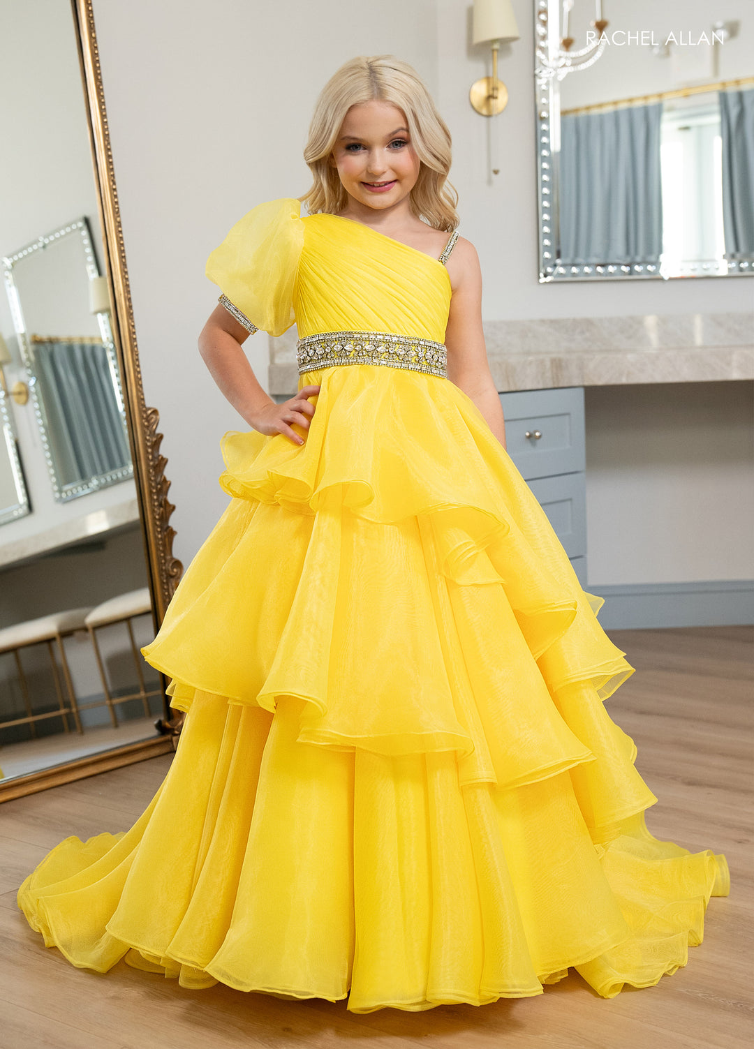 Girl's One Shoulder Tiered Gown by Rachel Allan 10260