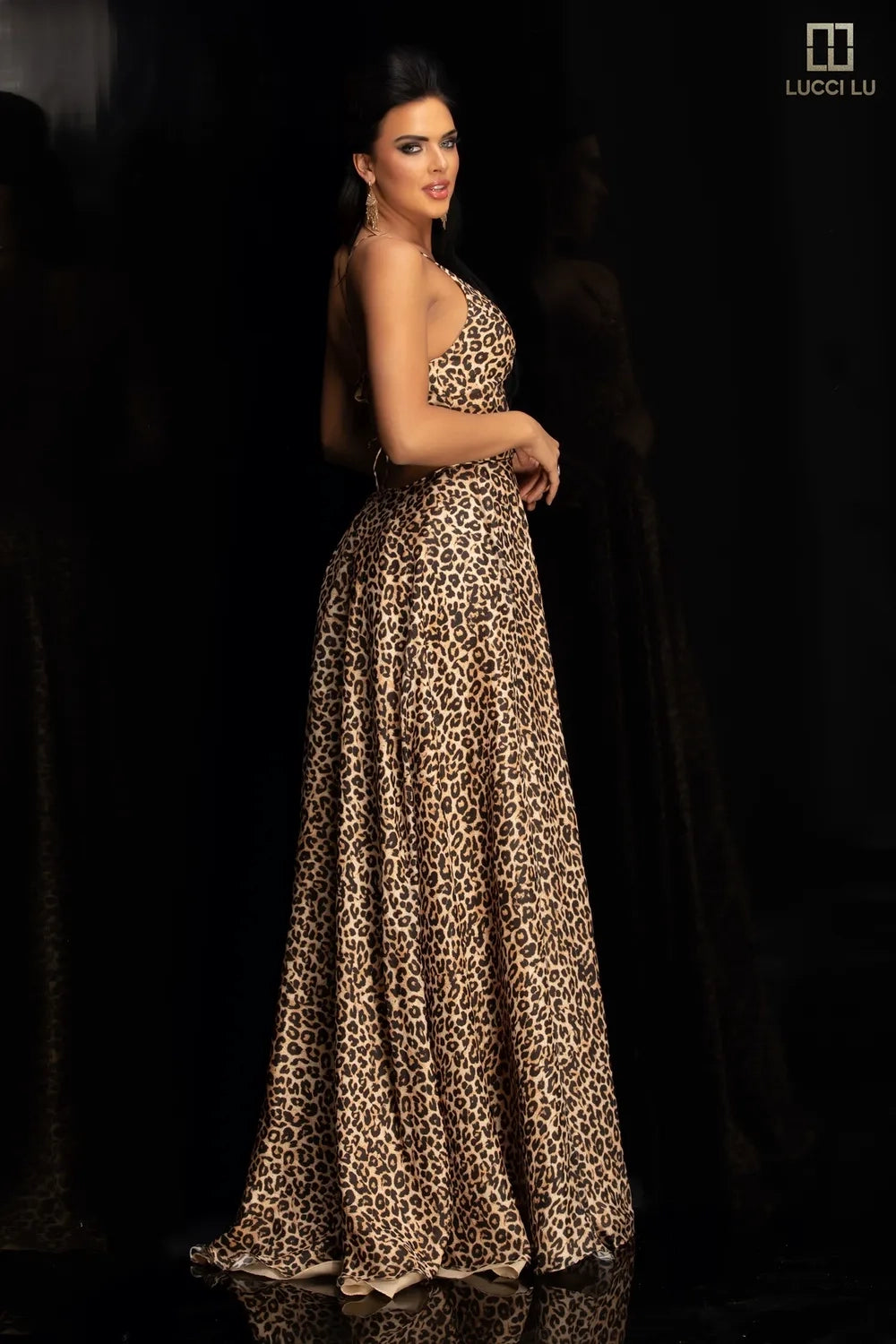 Leopard Print A-line Slit Gown by Lucci Lu 1063