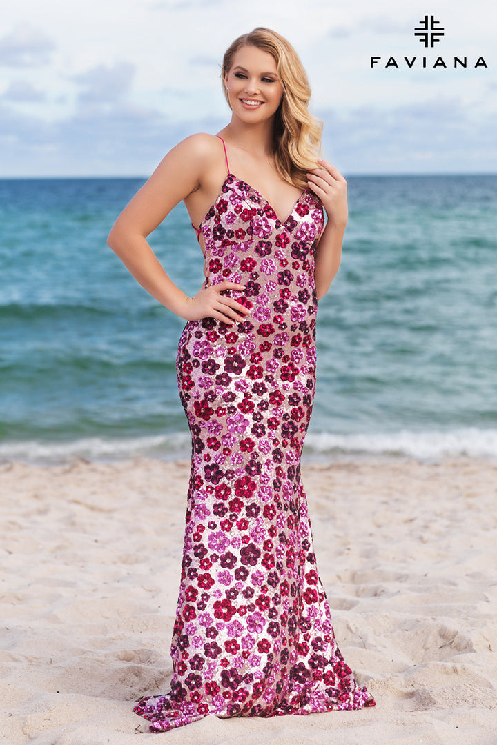 Floral Sequin V-Neck Slit Gown by Faviana 11000