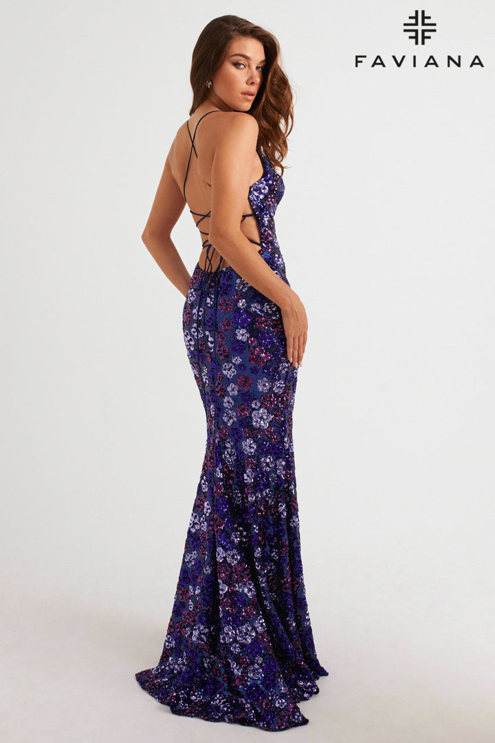 Floral Sequin V-Neck Slit Gown by Faviana 11000