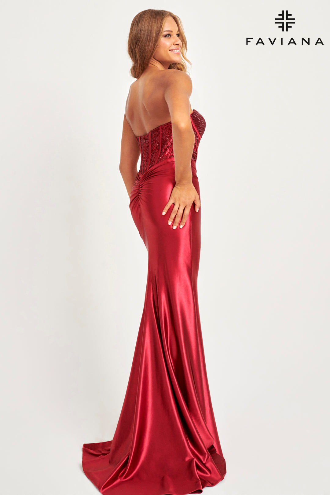 Beaded Satin Strapless Slit Gown by Faviana 11006