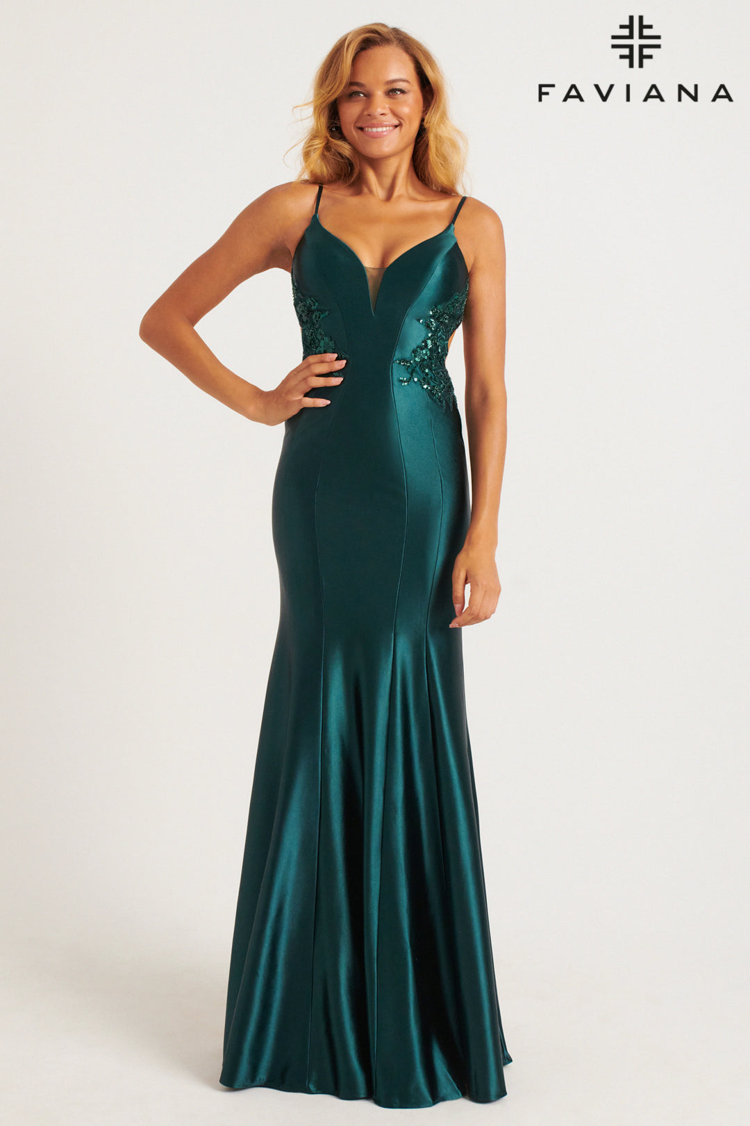 Applique Satin Fitted V-Neck Gown by Faviana 11007