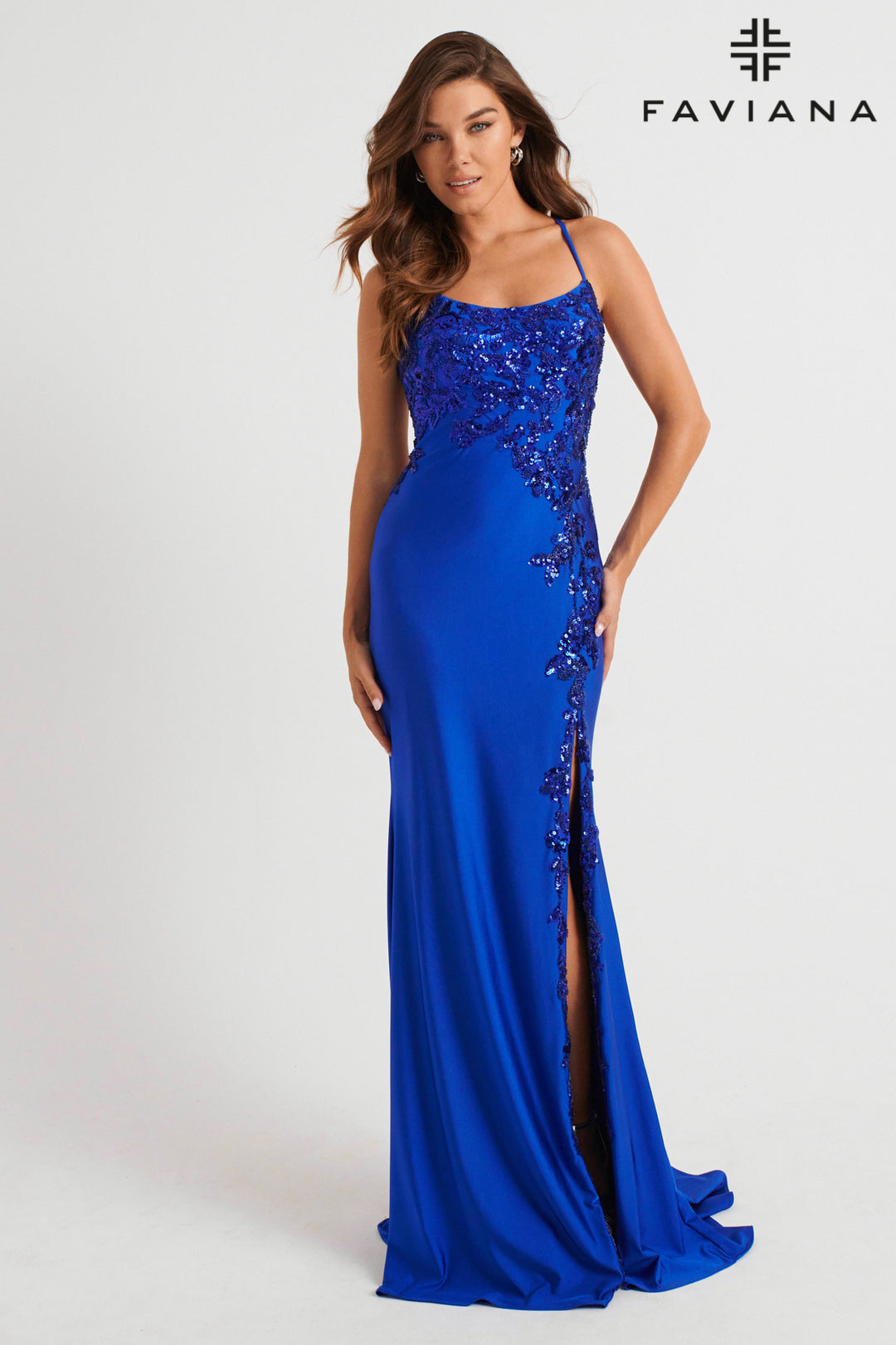 Sequin Applique Sleeveless Slit Gown by Faviana 11017