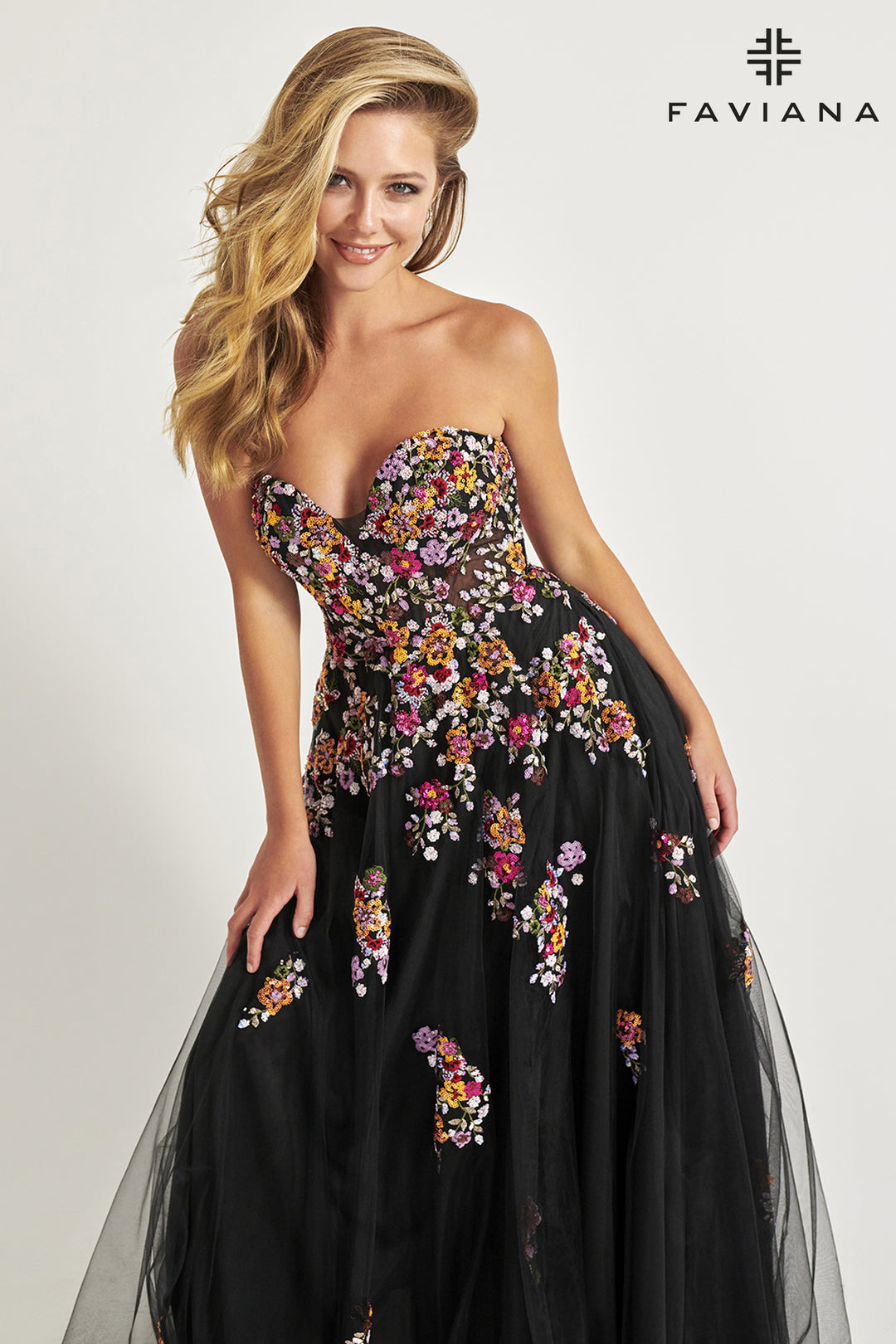 Floral Applique Strapless A-line Gown by Faviana 11028