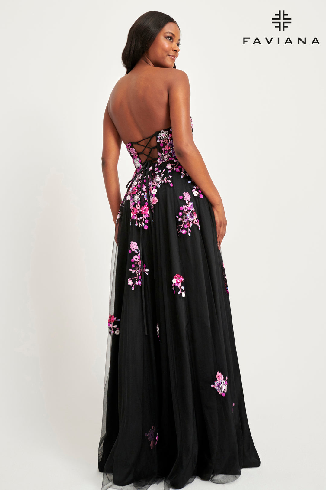 Floral Applique Strapless A-line Gown by Faviana 11028