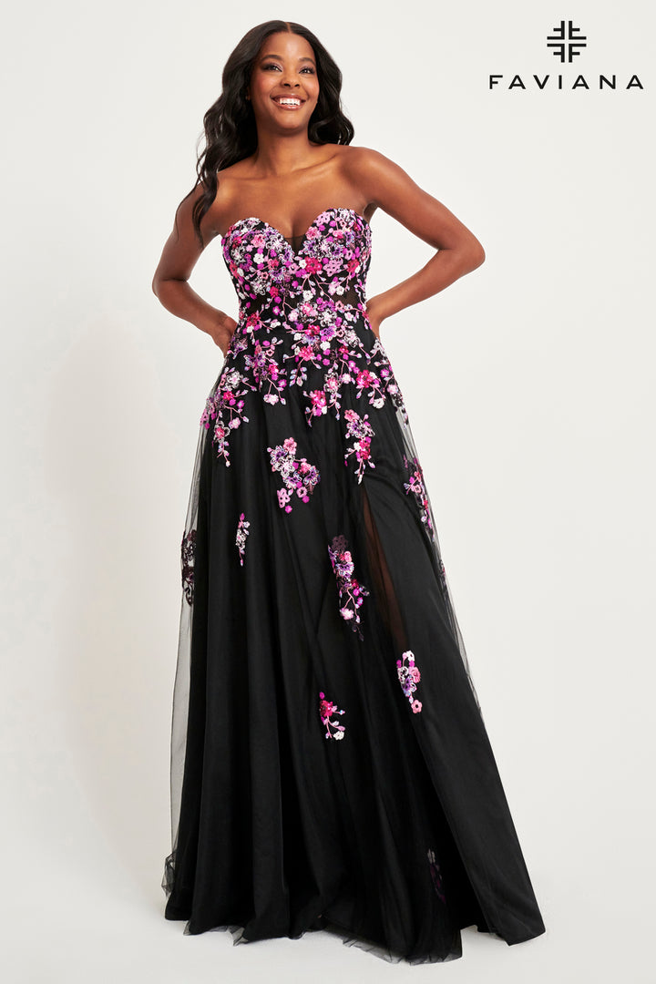 Floral Applique Strapless A-line Gown by Faviana 11028