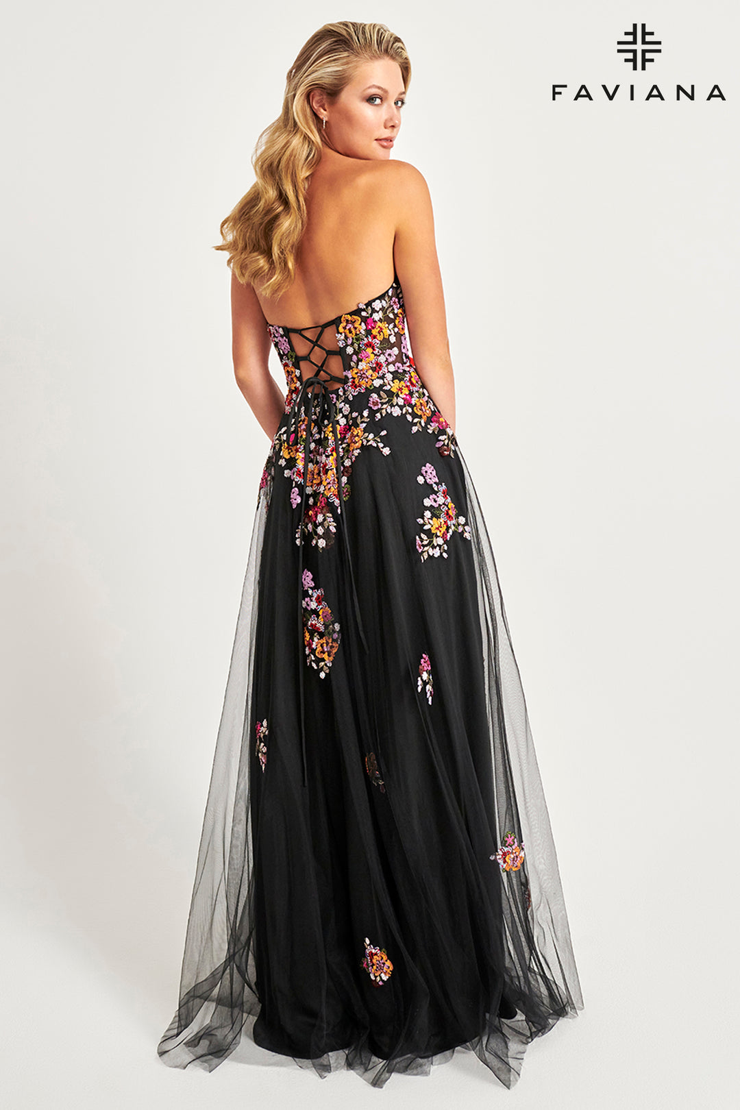 Floral Applique Strapless A-line Gown by Faviana 11028