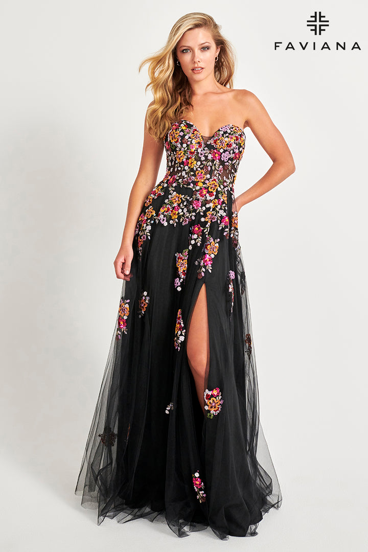 Floral Applique Strapless A-line Gown by Faviana 11028