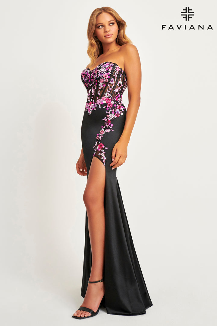 Floral Applique Strapless Slit Gown by Faviana 11029