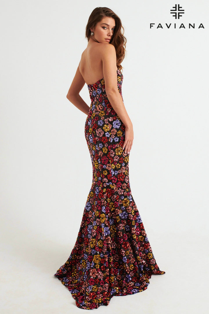 Floral Sequin Strapless Mermaid Dress by Faviana 11036