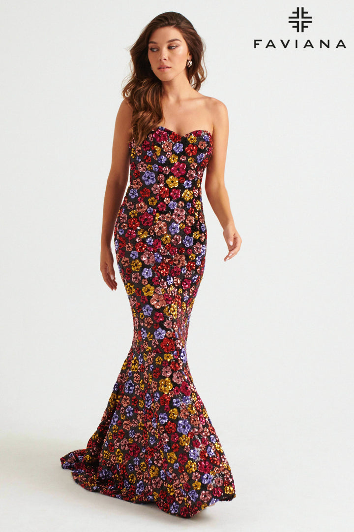 Floral Sequin Strapless Mermaid Dress by Faviana 11036