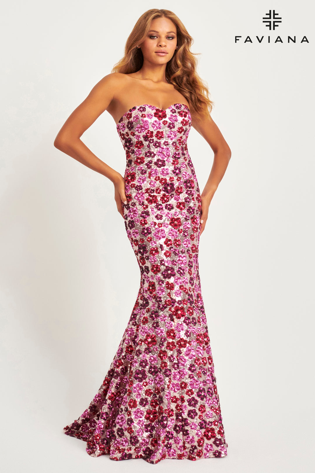 Floral Sequin Strapless Mermaid Dress by Faviana 11036