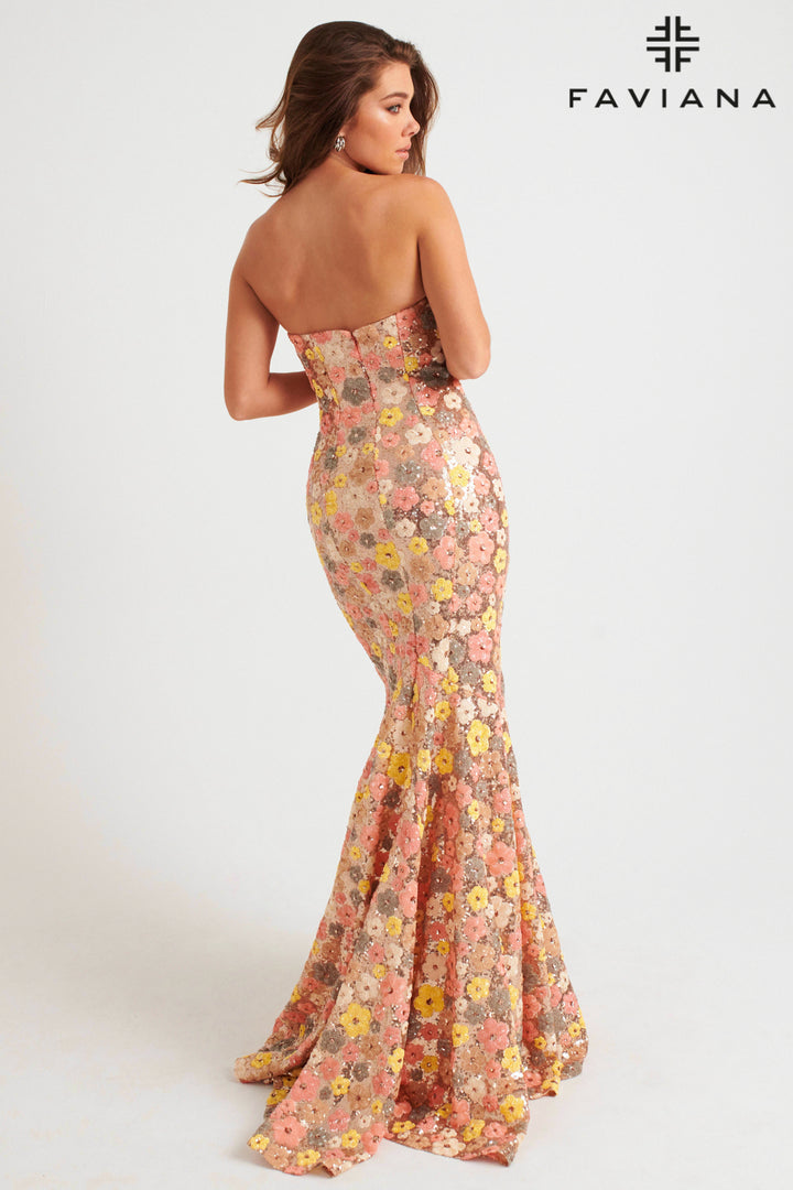 Floral Sequin Strapless Mermaid Dress by Faviana 11036