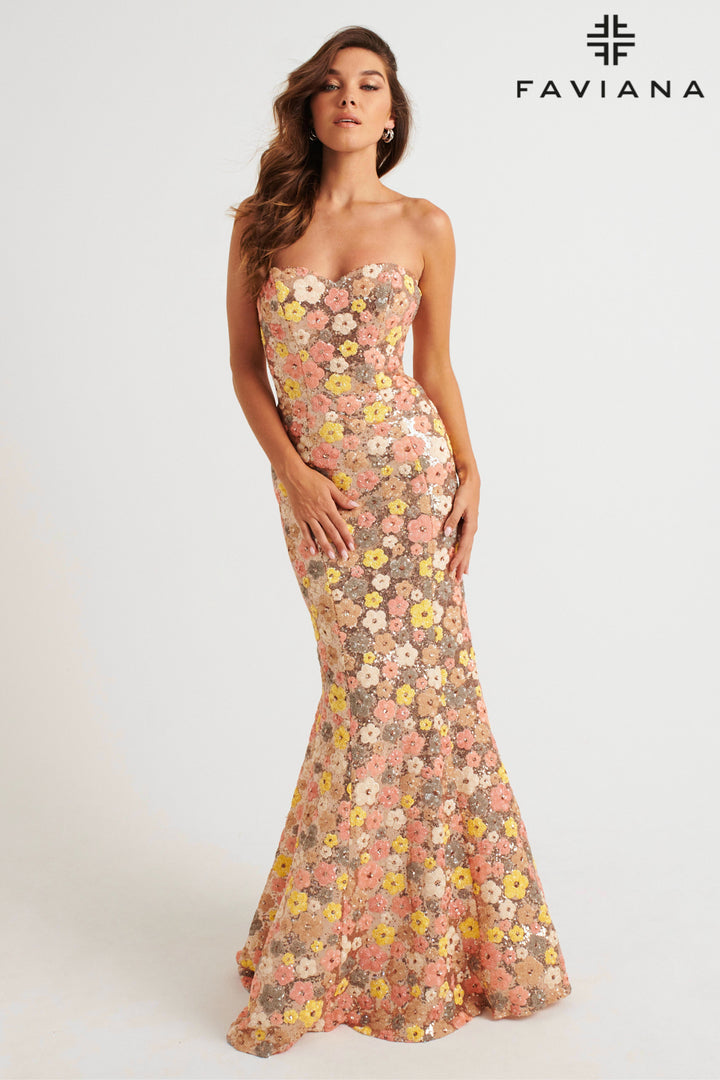 Floral Sequin Strapless Mermaid Dress by Faviana 11036