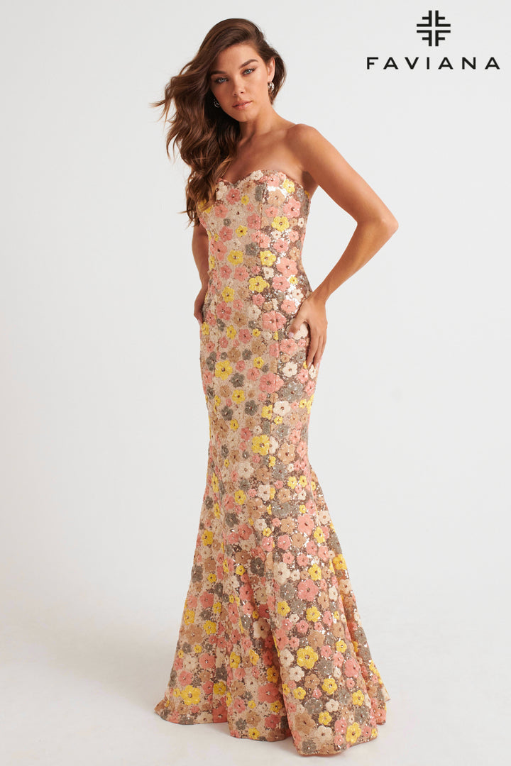 Floral Sequin Strapless Mermaid Dress by Faviana 11036