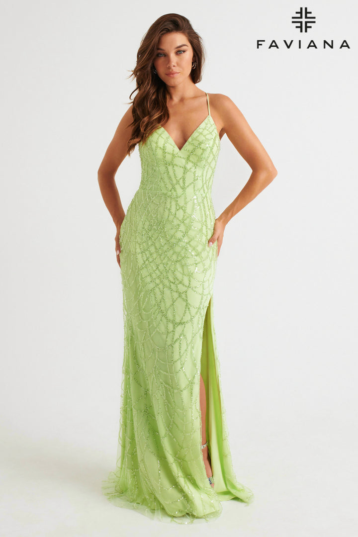 Beaded Strappy Back Slit Gown by Faviana 11084