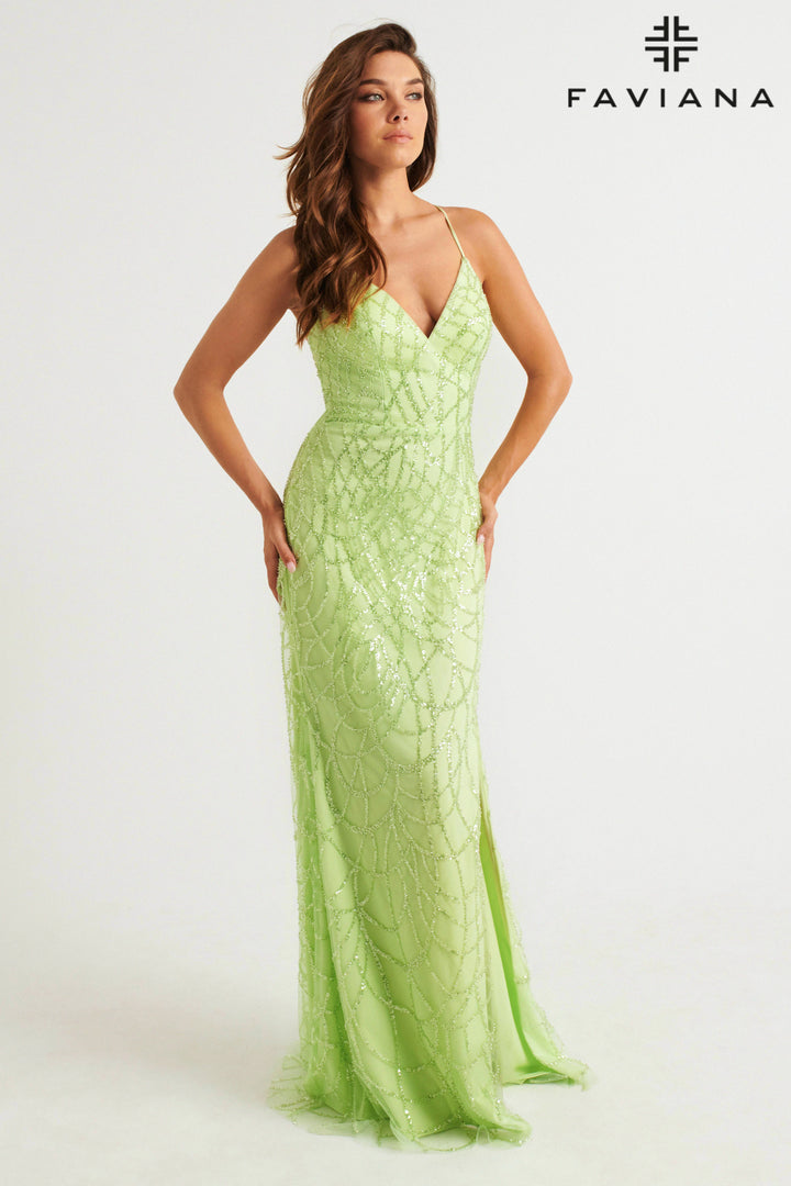 Beaded Strappy Back Slit Gown by Faviana 11084